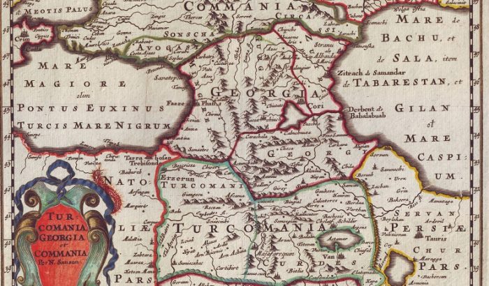 სახელები XVII საუკუნის რუკაზე: Tefus – თბილისი, ბათუმი – Lonati, ქუთაისი – Bassachiuch